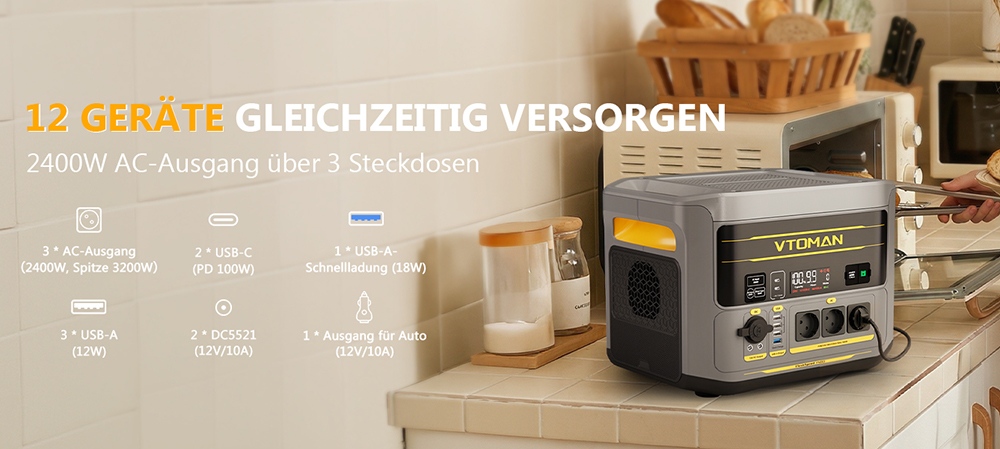 VTOMAN FlashSpeed 2400 Tragbare Powerstation, 1408Wh LiFePO4-Batterie, 2400W AC-Ausgang, 3200W Spitzenleistung, 12 Ausgangsanschlüsse, 100W USB-C, 600W Solar-Eingang, 1500W AC-Eingang, <10ms USV