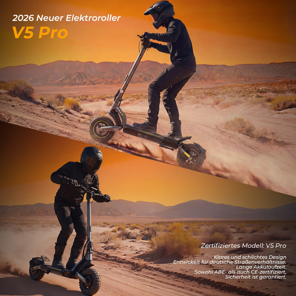 V5 Pro Faltbarer Elektroroller, 500W Motor, 20km/h Höchstgeschwindigkeit, 70km Reichweite, 48V 12,5Ah Batterie, Doppelte Federung, Doppelte Scheibenbremsen + E-Bremse, 10' schlauchlose Offroad-Reifen, APP-Steuerung