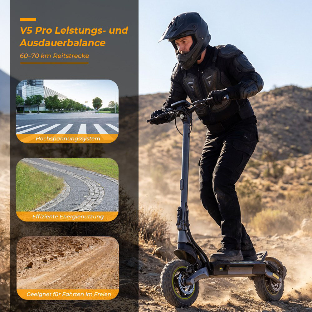V5 Pro Faltbarer Elektroroller, 500W Motor, 20km/h Höchstgeschwindigkeit, 70km Reichweite, 48V 12,5Ah Batterie, Doppelte Federung, Doppelte Scheibenbremsen + E-Bremse, 10' schlauchlose Offroad-Reifen, APP-Steuerung