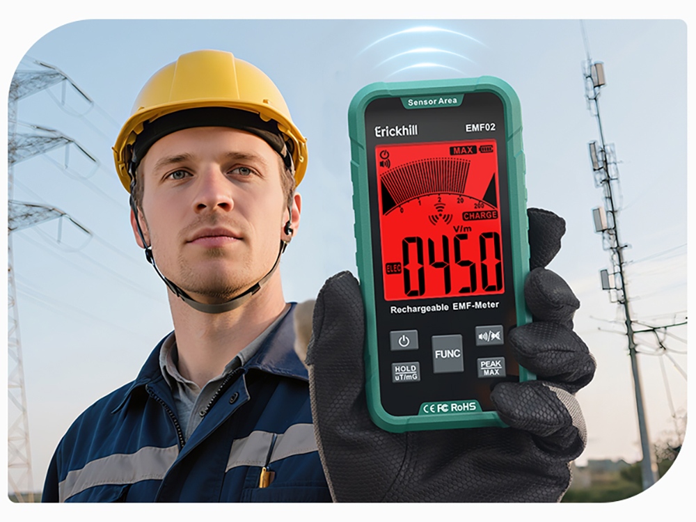 ERICKHILL EMF02 Détecteur EMF 3-en-1, Détecteur de Champ Électrique et Magnétique et RF, Écran 3,1", Rétroéclairage d'Avertissement 3 Couleurs, Alarme Sonore, Fonction de Maintien des Données, Mesure de Pointe/Maximale, Batterie Rechargeable