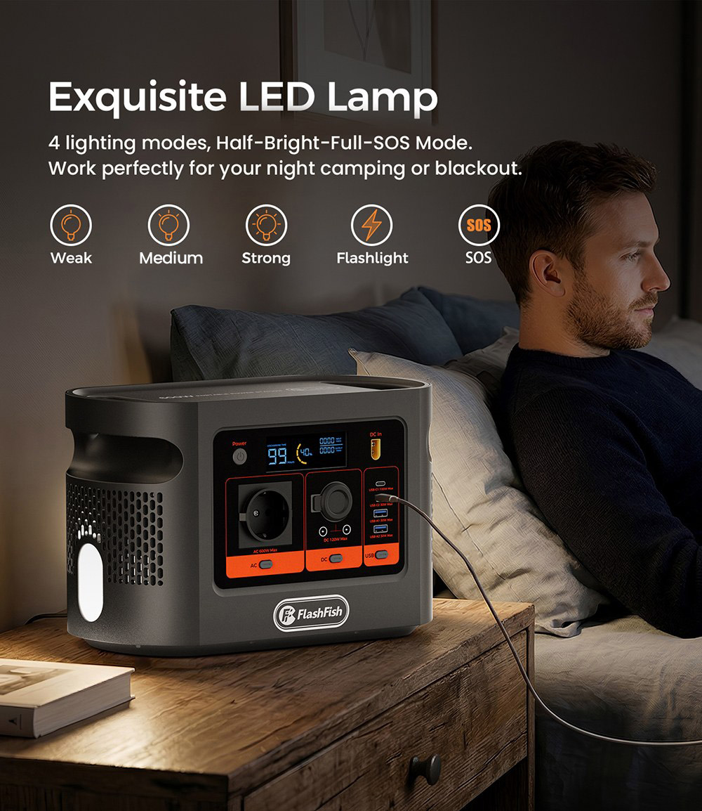 FlashFish E106B Portable Power Station, 384Wh LiFePO4 Battery, 600W Pure Sine Wave Output, 8 Outputs, 250W AC + 200W Solar Fast Charging, 100W USB-C PD, 120W Car Port, LCD Display, for Camping, RV, Emergency Backup