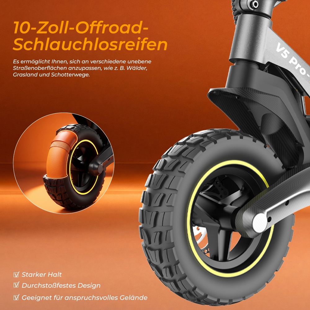 V5 Pro Faltbarer Elektroroller, 500W Motor, 20km/h Höchstgeschwindigkeit, 70km Reichweite, 48V 12,5Ah Batterie, Doppelte Federung, Doppelte Scheibenbremsen + E-Bremse, 10' schlauchlose Offroad-Reifen, APP-Steuerung