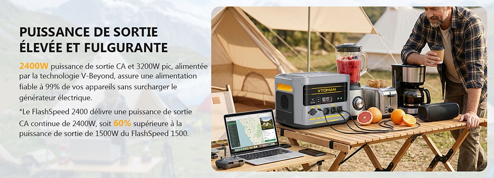 Station d'alimentation portable VTOMAN FlashSpeed 2400, batterie LiFePO4 de 1408Wh, sortie AC de 2400W, puissance de pointe de 3200W, 12 ports de sortie, USB-C de 100W, entr&eacute;e solaire de 600W, entr&eacute;e AC de 1500W, UPS <10ms