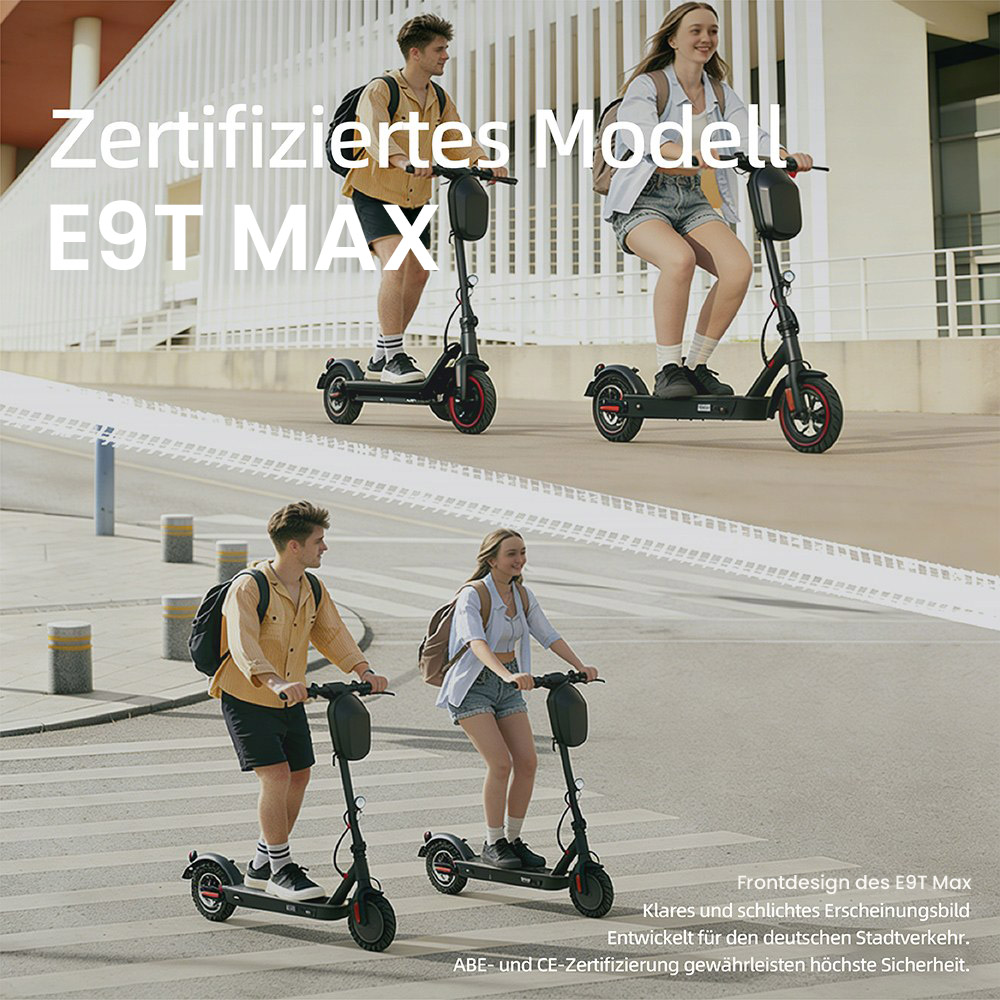 E9T MAX ABE Elektroroller, 500W Motor, 36V10Ah Batterie, 20km/h Geschwindigkeit, 40km Reichweite, 10" Wabenreifen, elektronische Daumenbremse & Scheibenbremse am Lenker, 120kg maximale Belastung