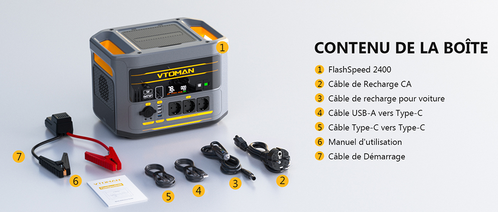 Station d'alimentation portable VTOMAN FlashSpeed 2400, batterie LiFePO4 de 1408Wh, sortie AC de 2400W, puissance de pointe de 3200W, 12 ports de sortie, USB-C de 100W, entr&eacute;e solaire de 600W, entr&eacute;e AC de 1500W, UPS <10ms