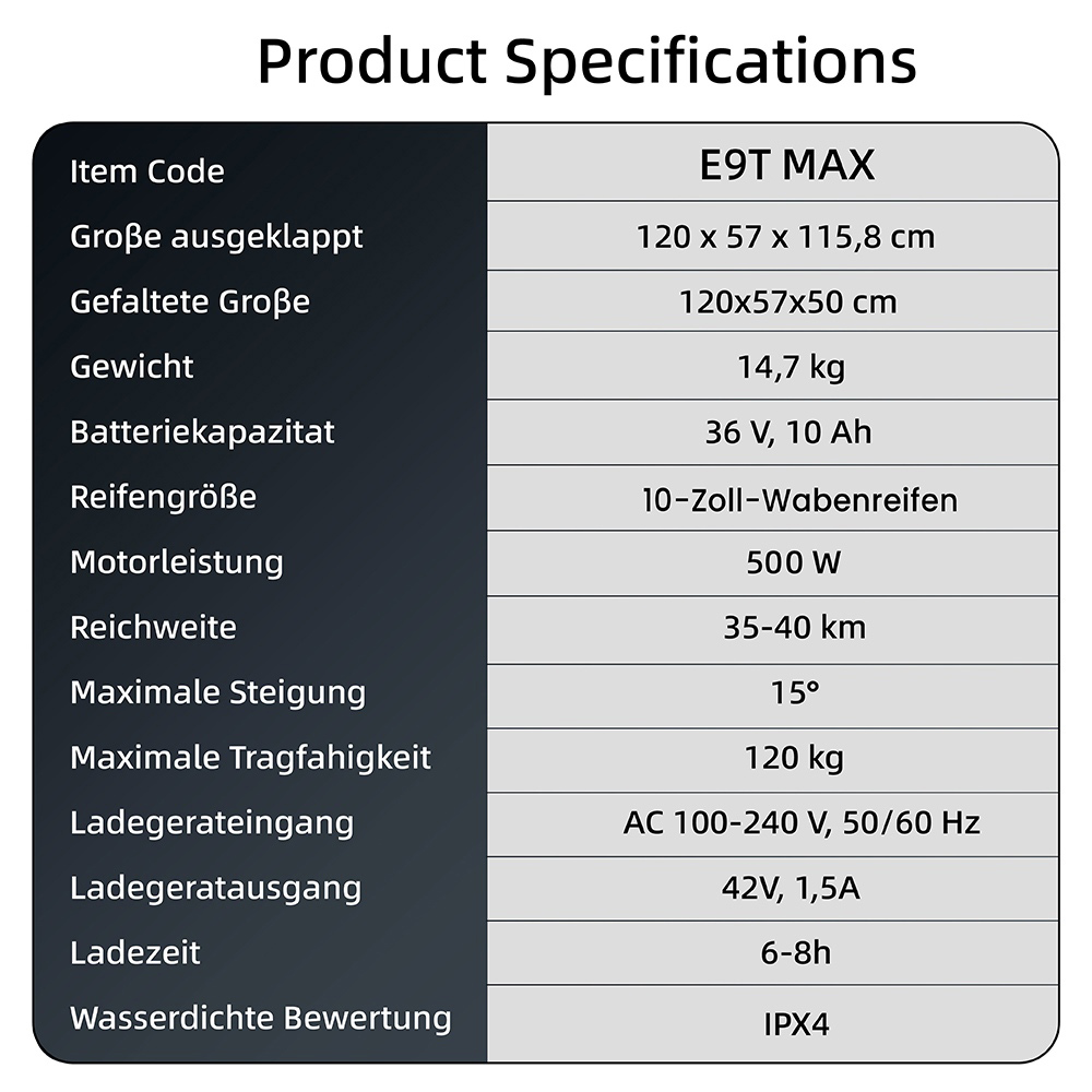 E9T MAX ABE Elektroroller, 500W Motor, 36V10Ah Batterie, 20km/h Geschwindigkeit, 40km Reichweite, 10" Wabenreifen, elektronische Daumenbremse & Scheibenbremse am Lenker, 120kg maximale Belastung