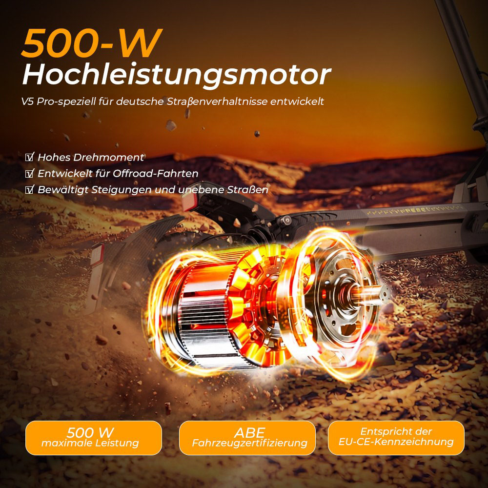 V5 Pro Faltbarer Elektroroller, 500W Motor, 20km/h Höchstgeschwindigkeit, 70km Reichweite, 48V 12,5Ah Batterie, Doppelte Federung, Doppelte Scheibenbremsen + E-Bremse, 10' schlauchlose Offroad-Reifen, APP-Steuerung