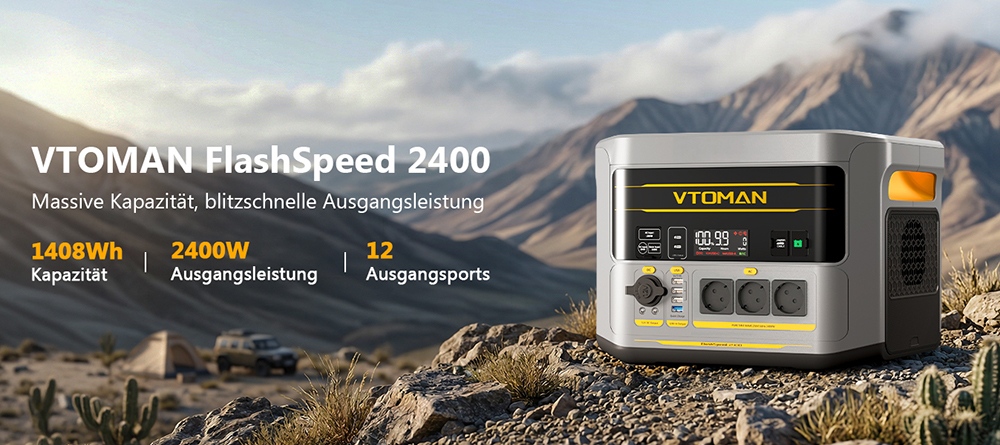 VTOMAN FlashSpeed 2400 Tragbare Powerstation, 1408Wh LiFePO4-Batterie, 2400W AC-Ausgang, 3200W Spitzenleistung, 12 Ausgangsanschlüsse, 100W USB-C, 600W Solar-Eingang, 1500W AC-Eingang, <10ms USV