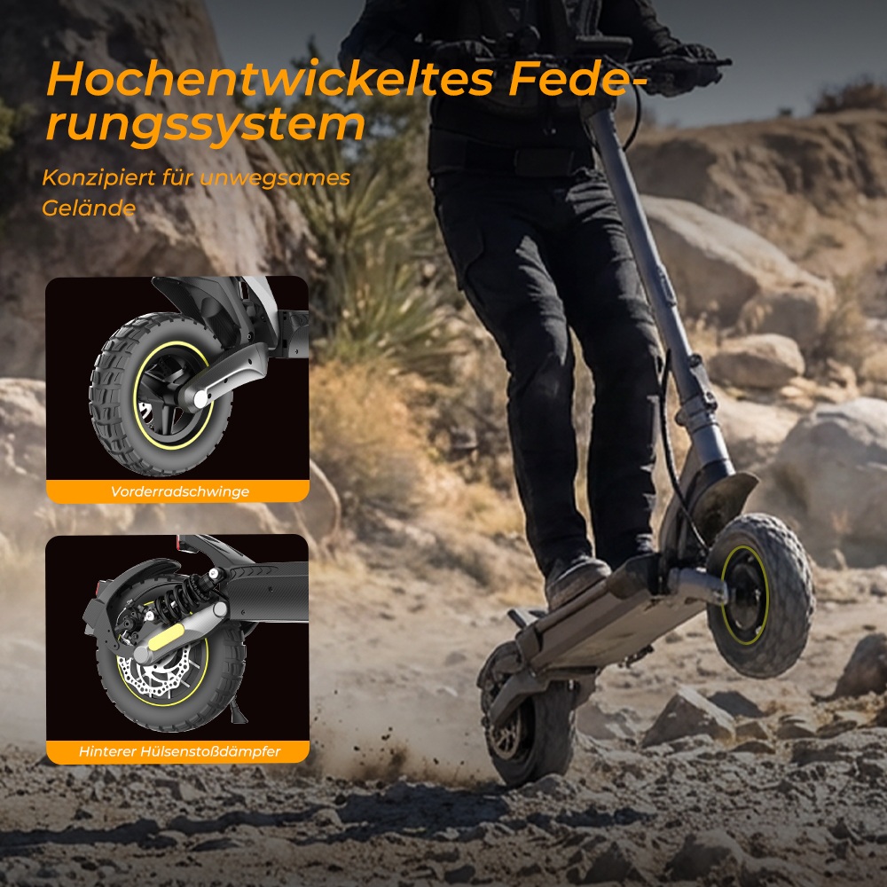 V5 Pro Faltbarer Elektroroller, 500W Motor, 20km/h Höchstgeschwindigkeit, 70km Reichweite, 48V 12,5Ah Batterie, Doppelte Federung, Doppelte Scheibenbremsen + E-Bremse, 10' schlauchlose Offroad-Reifen, APP-Steuerung