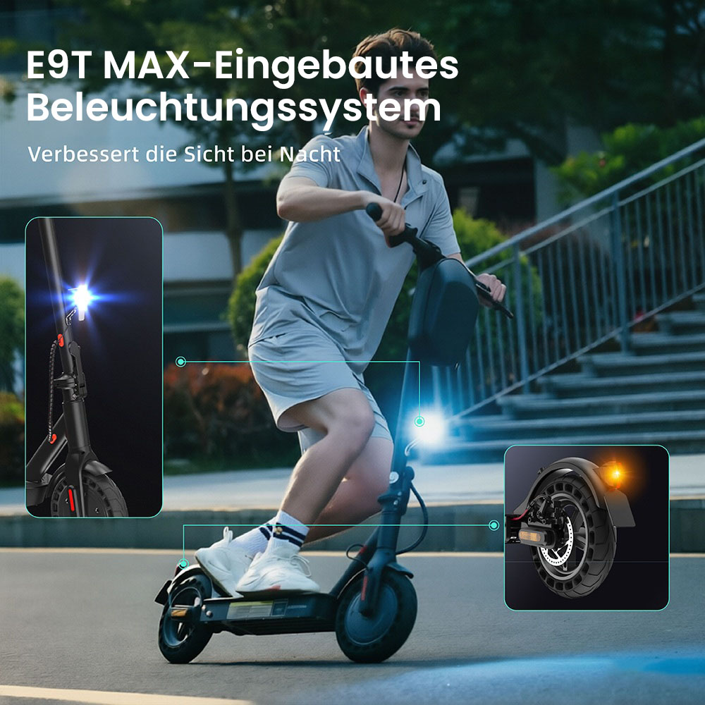 E9T MAX ABE Elektroroller, 500W Motor, 36V10Ah Batterie, 20km/h Geschwindigkeit, 40km Reichweite, 10" Wabenreifen, elektronische Daumenbremse & Scheibenbremse am Lenker, 120kg maximale Belastung