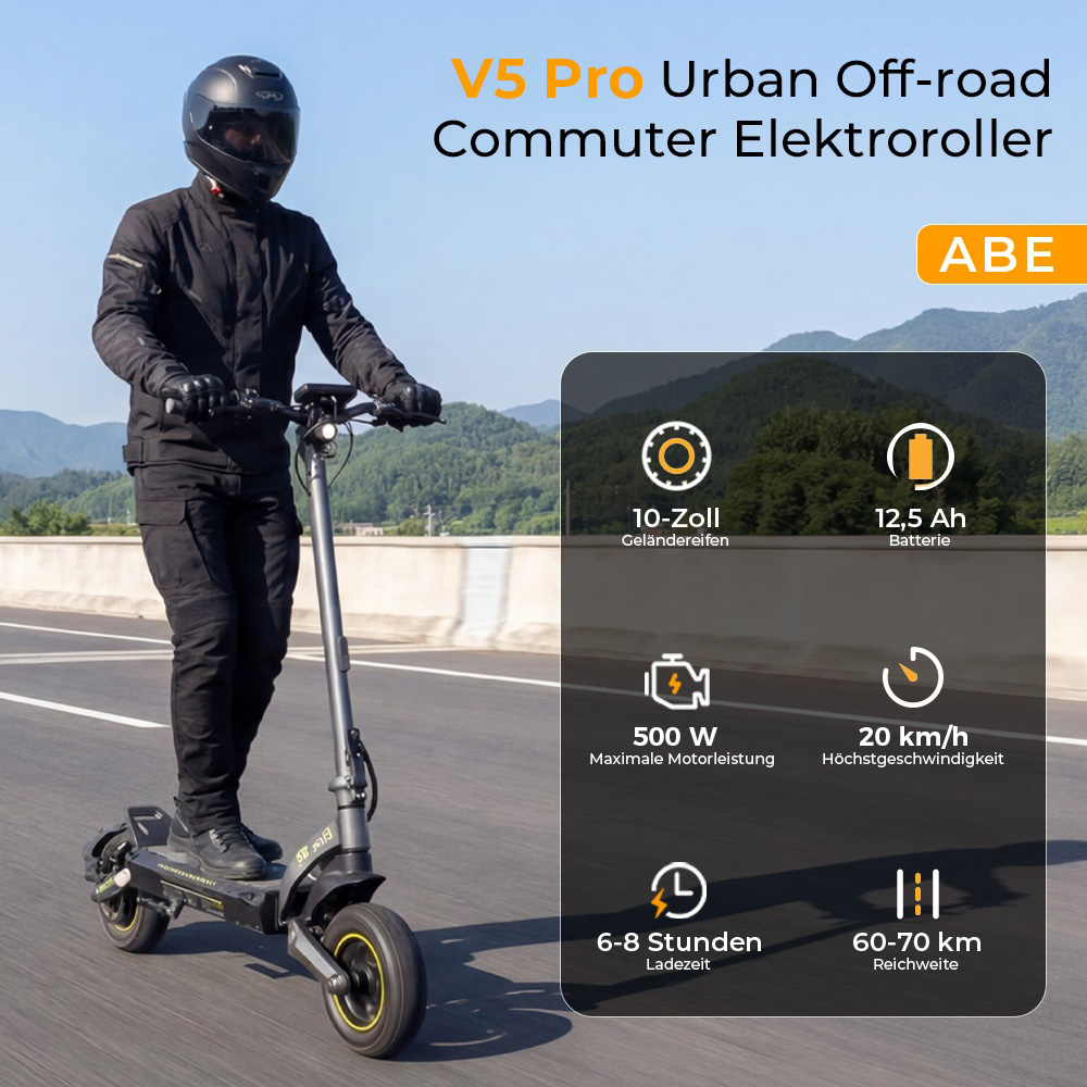 V5 Pro Faltbarer Elektroroller, 500W Motor, 20km/h Höchstgeschwindigkeit, 70km Reichweite, 48V 12,5Ah Batterie, Doppelte Federung, Doppelte Scheibenbremsen + E-Bremse, 10' schlauchlose Offroad-Reifen, APP-Steuerung