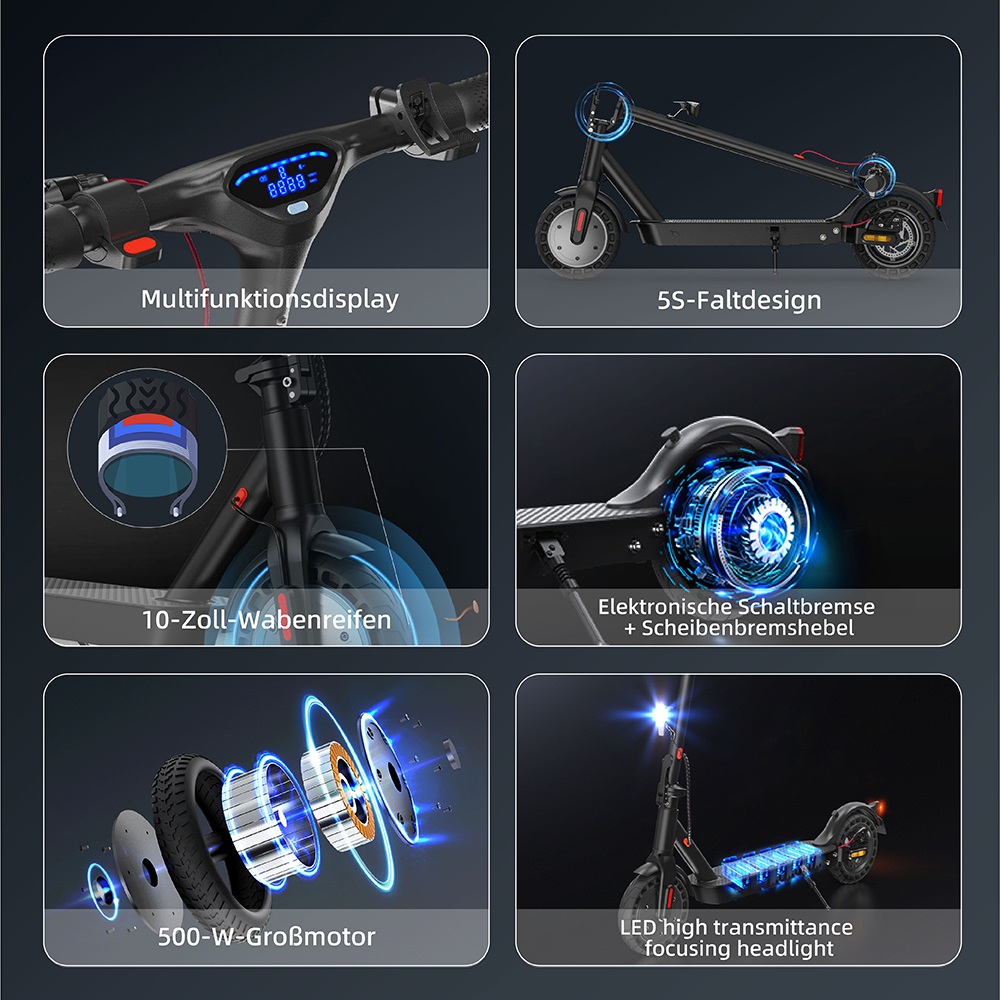 E9T MAX ABE Elektroroller, 500W Motor, 36V10Ah Batterie, 20km/h Geschwindigkeit, 40km Reichweite, 10" Wabenreifen, elektronische Daumenbremse & Scheibenbremse am Lenker, 120kg maximale Belastung