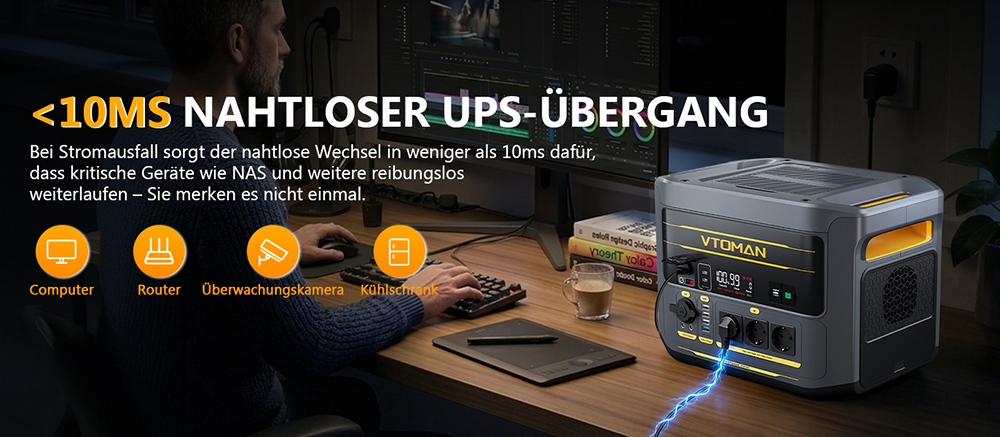 VTOMAN FlashSpeed 2400 Tragbare Powerstation, 1408Wh LiFePO4-Batterie, 2400W AC-Ausgang, 3200W Spitzenleistung, 12 Ausgangsanschlüsse, 100W USB-C, 600W Solar-Eingang, 1500W AC-Eingang, <10ms USV
