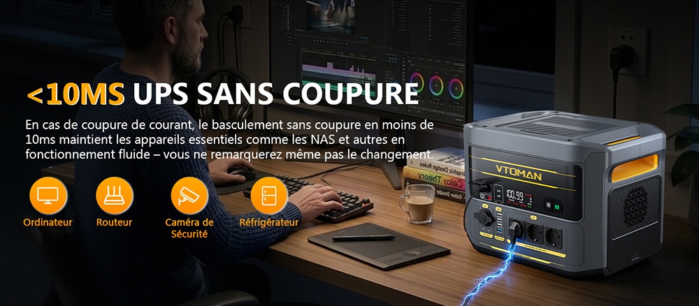 Station d'alimentation portable VTOMAN FlashSpeed 2400, batterie LiFePO4 de 1408Wh, sortie AC de 2400W, puissance de pointe de 3200W, 12 ports de sortie, USB-C de 100W, entr&eacute;e solaire de 600W, entr&eacute;e AC de 1500W, UPS <10ms