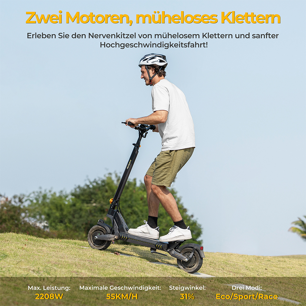 Ausom L2 Elektroroller mit zwei Motoren, 1600W (800W&times;2) Motoren, 55 km/h H&ouml;chstgeschwindigkeit, 70 km Reichweite, 48V 15,6Ah Batterie, 10&times;3