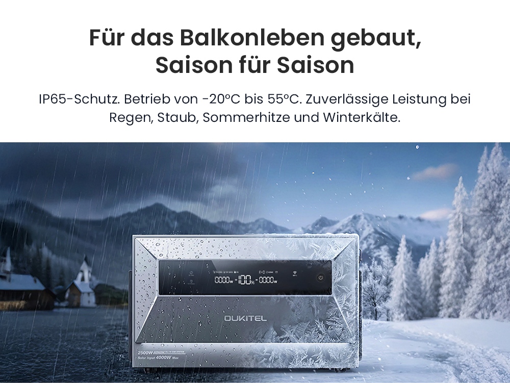 OUKITEL EP2500 Tragbare Powerstation, 2500W Ausgangsleistung, 2048Wh LiFePO4-Batterie, 4000W Solar-Eingang, 4 MPPT, 2500W Netzanschlussleistung, 3000W Bypass-Leistung, 16,384kWh erweiterbare Kapazität, 4000+ Zyklen, IP65