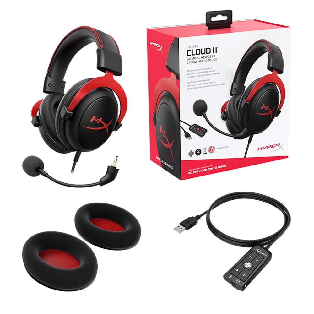 HyperX Cloud II Wired Gaming Headset, 53mm Drivers, Virtual 7.1 Surround Sound, Noise-Cancelling Detachable Microphone, 3.5mm + USB, Over-Ear, for PC, PS5, PS4, Xbox, Nintendo Switch