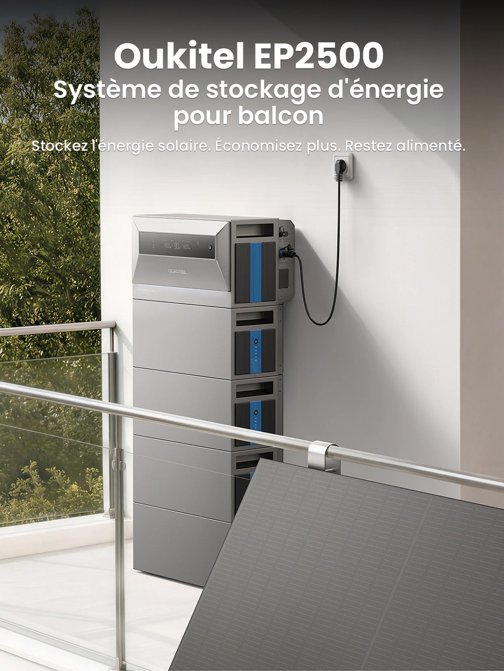 OUKITEL EP2500 Station d'alimentation portable, puissance de sortie de 2500W, batterie LiFePO4 de 2048Wh, entr&eacute;e solaire de 4000W, 4 MPPT, sortie sur r&eacute;seau de 2500W, puissance de d&eacute;rivation de 3000W, capacit&eacute; extensible de 16,384kWh, 4000+ cycles