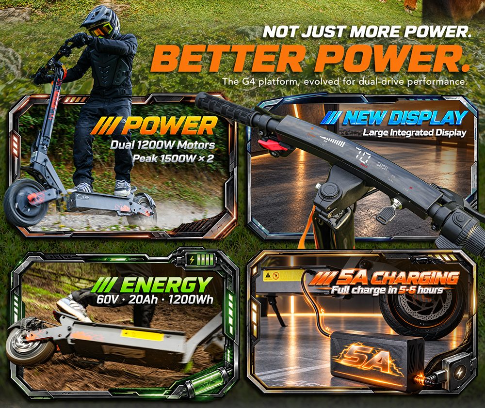 KuKirin G4 Ultra Elektroroller, Doppelte 1200W Motoren, 60V 20Ah 1200Wh Akku, 70km/h Höchstgeschwindigkeit, 80km Reichweite, 11-Zoll Schlauchlose Reifen, Vorder- und Hinterradfederung, 160mm Scheibenbremsen, 5A Schnellladung