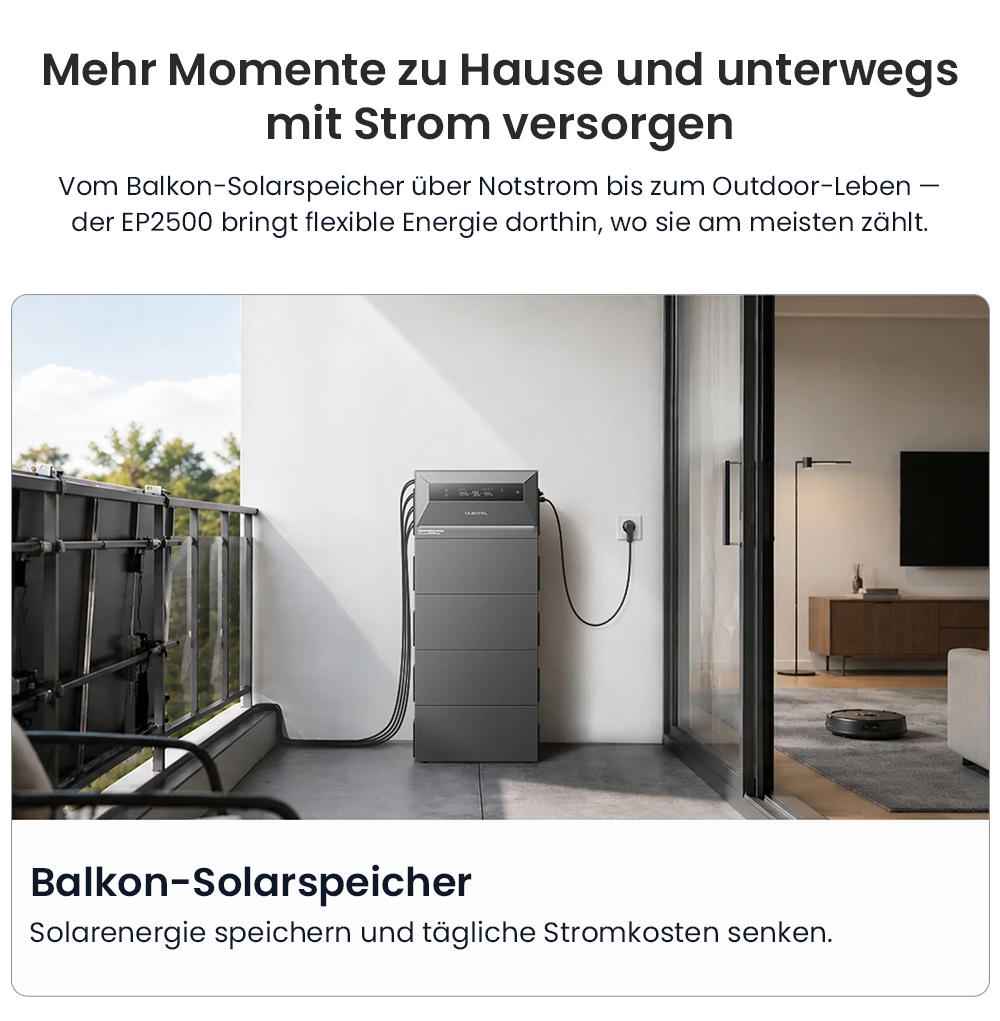 OUKITEL EP2500 Tragbare Powerstation, 2500W Ausgangsleistung, 2048Wh LiFePO4-Batterie, 4000W Solar-Eingang, 4 MPPT, 2500W Netzanschlussleistung, 3000W Bypass-Leistung, 16,384kWh erweiterbare Kapazität, 4000+ Zyklen, IP65