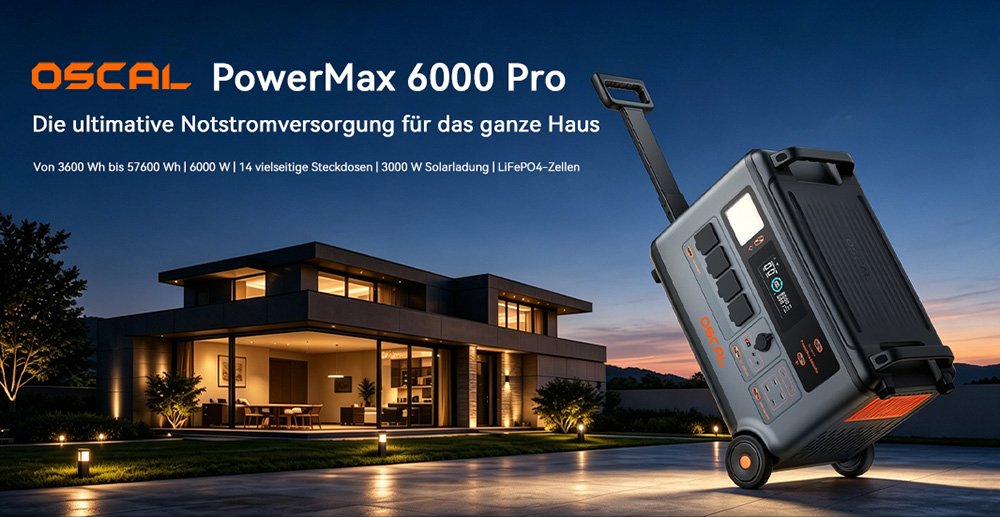 Oscal PowerMax 6000 Pro Tragbare Powerstation, 3600Wh LiFePO4-Akku, auf 57600Wh erweiterbar, 6000W reiner Sinuswellenausgang, 9000W Spitzenleistung, 14 Ausg&auml;nge, 3000W Solareingang, 3500+ Ladezyklen, USV, App-Steuerung