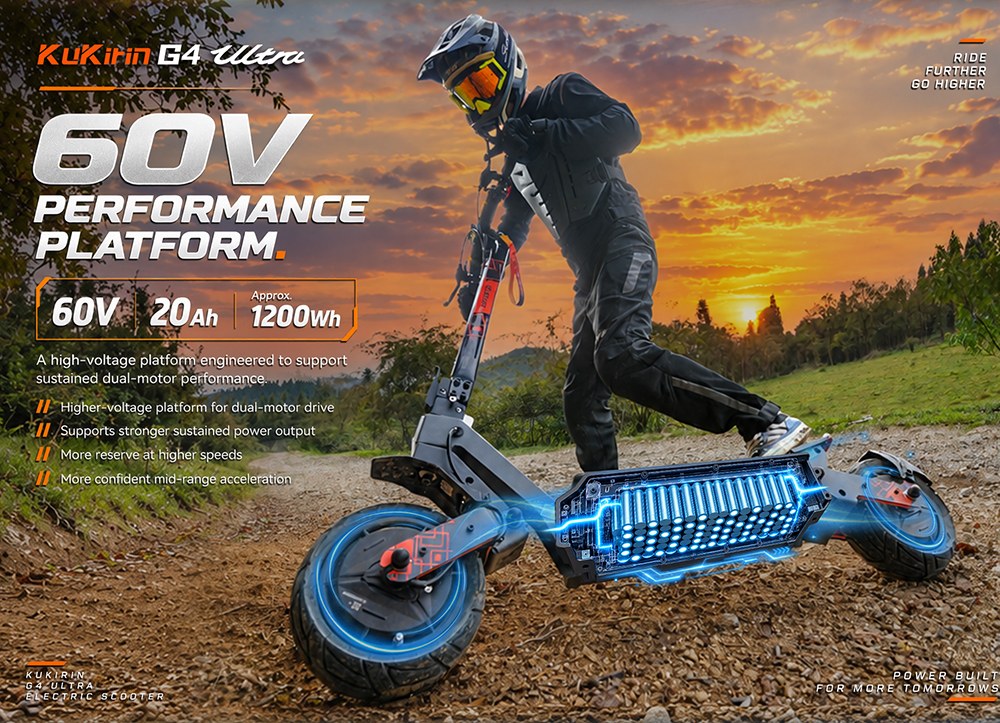 KuKirin G4 Ultra Trottinette Électrique, Double Moteur de 1200 W, Batterie 60 V 20 Ah 1200 Wh, Vitesse Maximale de 70 km/h, Autonomie de 80 km, Pneus Tubeless de 11 Pouces, Suspension Avant et Arrière, Freins à Disque de 160 mm, Charge Rapide 5 A