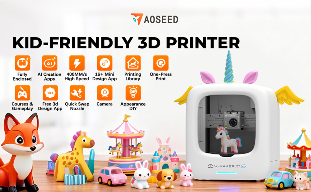 AOSEED X-MAKER JOY AI+ V4.0 3D Printer for Kids, 120x120x120mm Build Volume, 260℃ Nozzle Temperature, 300mm/s Print Speed, Wi-Fi & App Control, Fully Enclosed