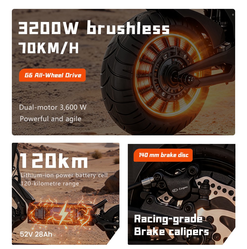 Trottinette &eacute;lectrique pliable BOYUEDA G6, double moteur de 1600 W, puissance de cr&ecirc;te de 3600 W, vitesse maximale de 70 km/h, batterie 52 V 28 Ah, autonomie de 120 km, pneus tout-terrain de 10 pouces, suspension de type C, freins &agrave; disque hydrauliques