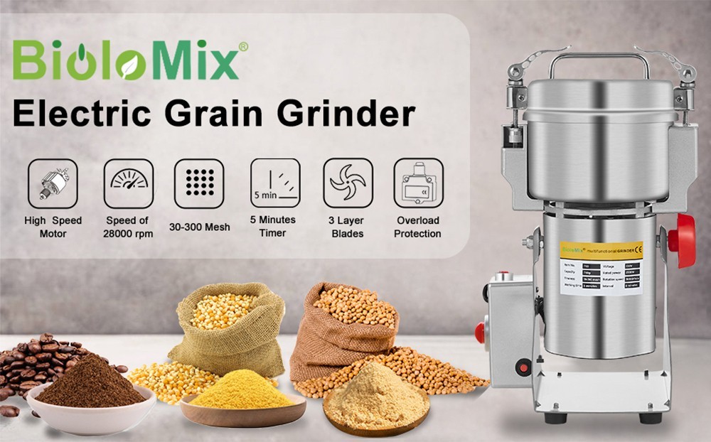 BioloMix 800g Electric Grain Grinder Mill, Spices Cereals Coffee Grinding Machine, 2500W Power, Stainless Steel Material