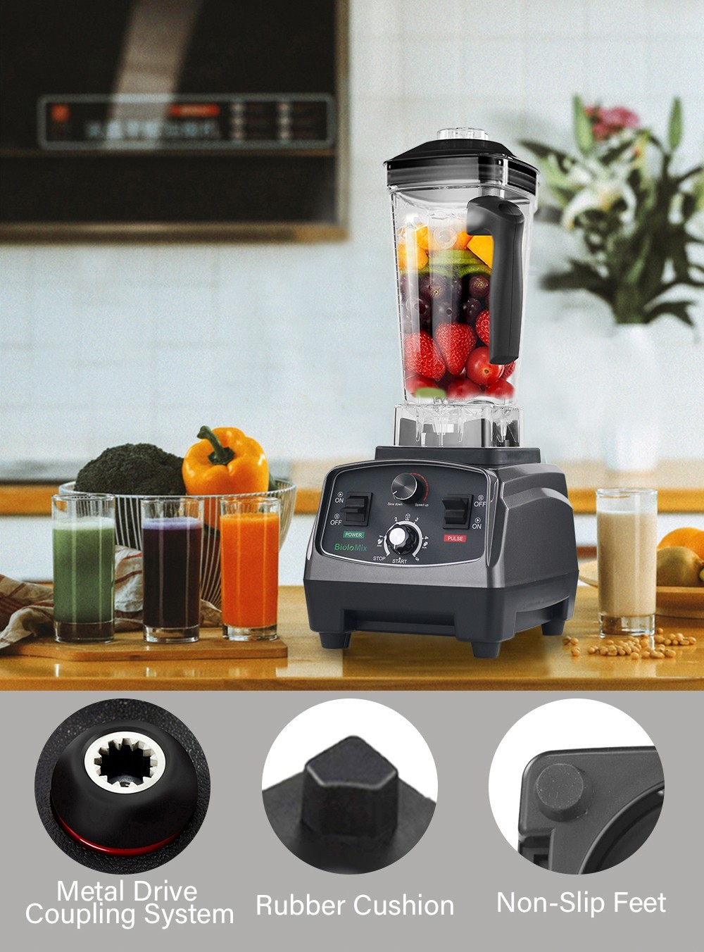 Refurbished BioloMix T5200 3HP 2200W Timer Blender, Fruit Food Mixer Juicer, 2L Capacity, BPA Free