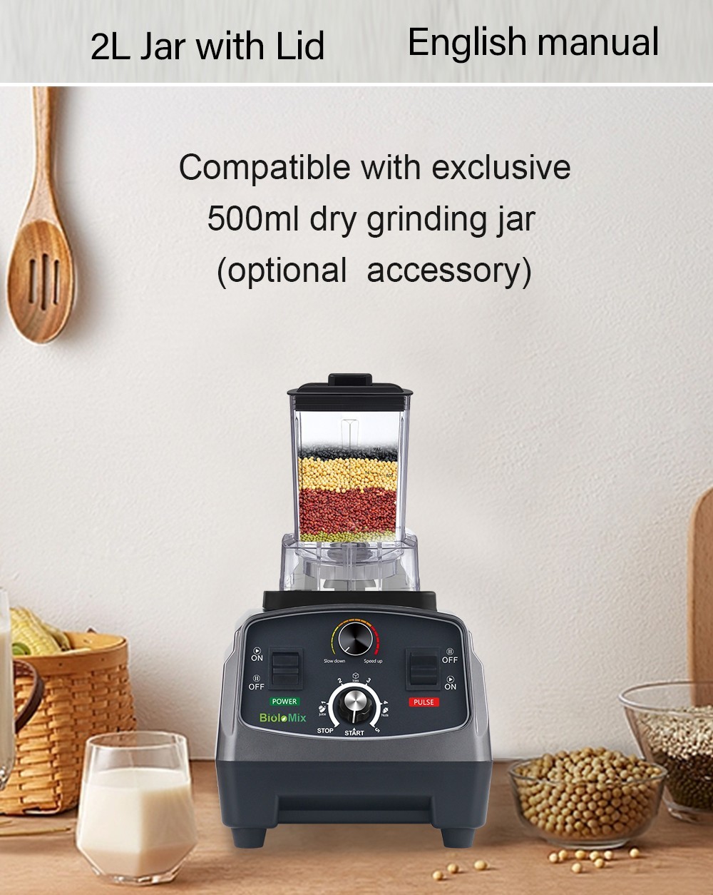 Refurbished BioloMix T5200 3HP 2200W Timer Blender, Fruit Food Mixer Juicer, 2L Capacity, BPA Free