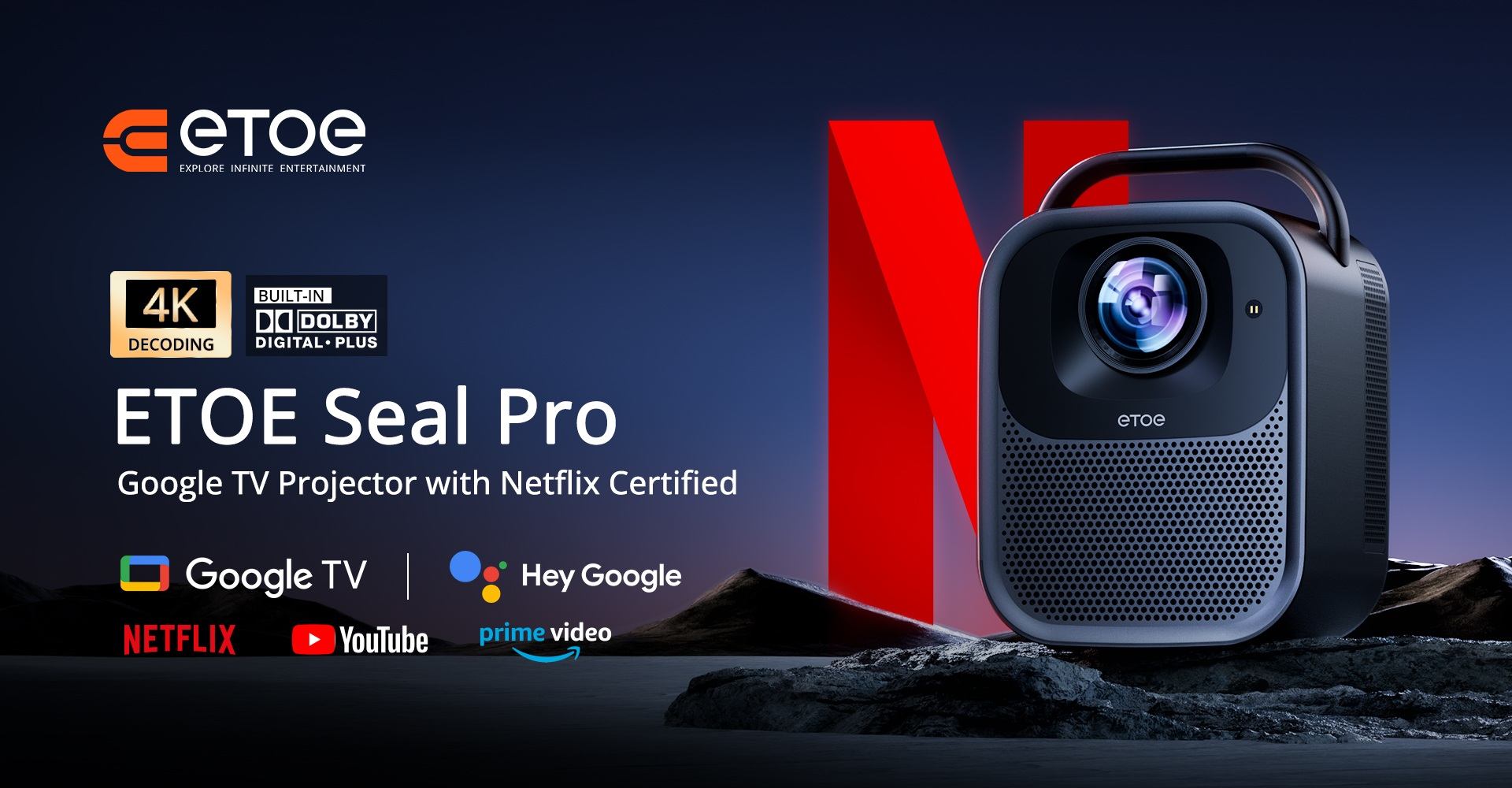 Refurbished [Upgraded Edition] ETOE Seal Pro 1300 ANSI 1080P Projector – Netflix & Google TV Certified, Dolby Audio, Auto Focus, 2 x 10W Speaker