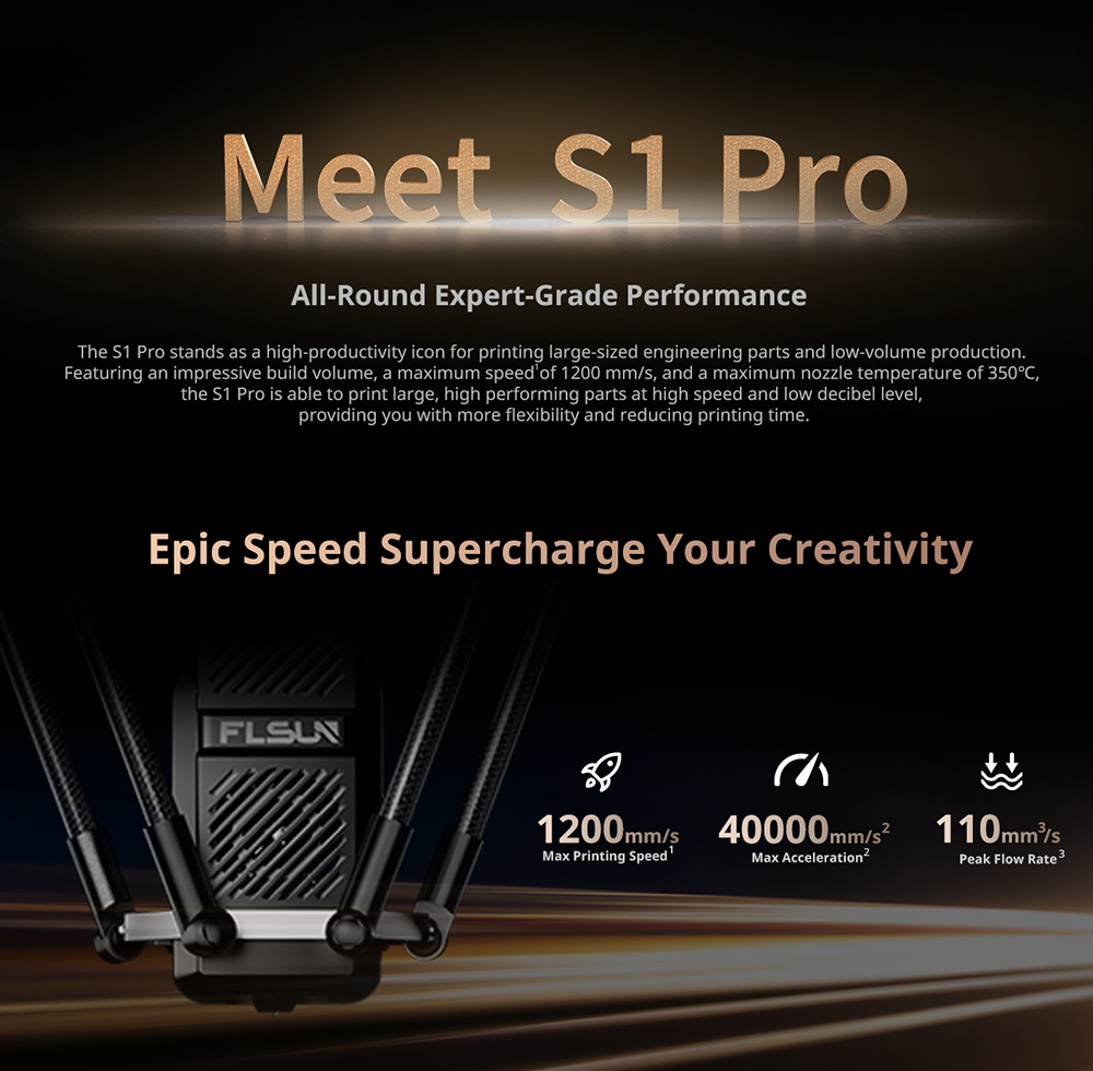 FLSUN S1 Pro 1200mm/s Ultra Fast Delta 3D Printer, 320*320*430mm, Al Detection, Auto-leveling, Klipper Firmware, 350℃ Metal Hotend, Smart Zone Heating, Filament Dryer - EU Plug