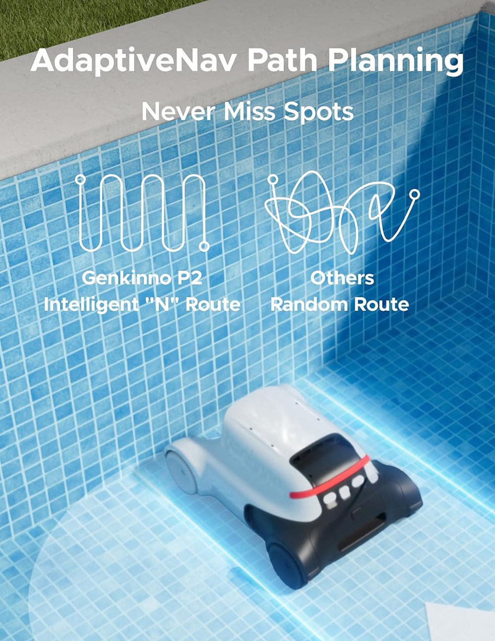 Genkinno P2 Master Kit Robot Pool Vacuum, 2500GPH Suction Power, 120 Mins Runtime, with Big Basket Capacity, App OTA & Remote Control, AdaptiveSuc Technology, for Up to 100㎡/1000 sq. ft, Grey - EU Plug