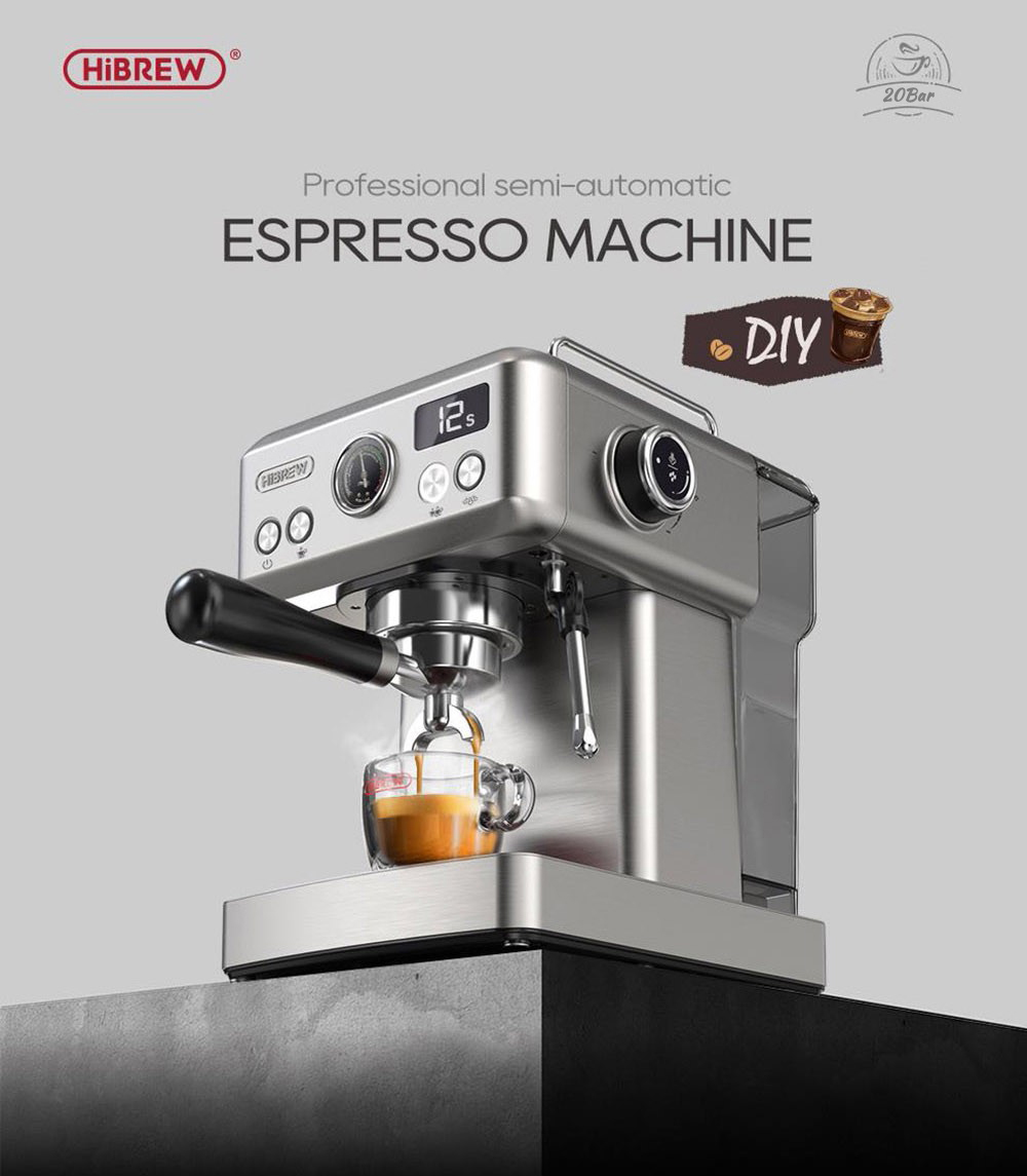 HiBREW H10A Semi Automatic Espresso Coffee Machine, 20Bar Pressure, Milk Frother, Temperature Adjustable, 350ml Pitcher