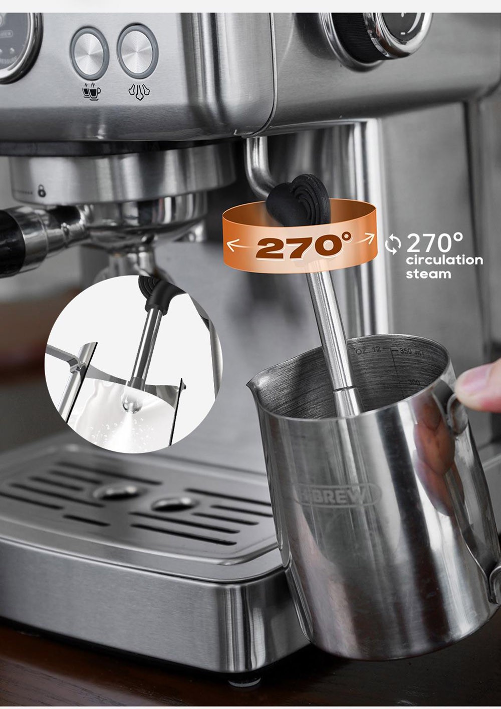 HiBREW H10A Semi Automatic Espresso Coffee Machine, 20Bar Pressure, Milk Frother, Temperature Adjustable, 350ml Pitcher