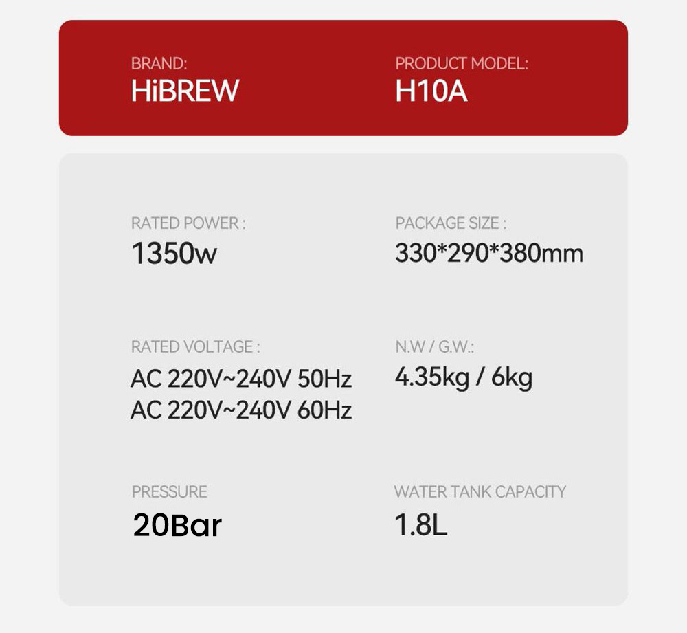 HiBREW H10A Semi Automatic Espresso Coffee Machine, 20Bar Pressure, Milk Frother, Temperature Adjustable, 350ml Pitcher
