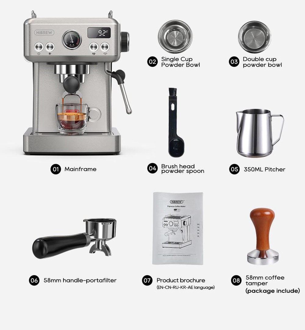 HiBREW H10A Semi Automatic Espresso Coffee Machine, 20Bar Pressure, Milk Frother, Temperature Adjustable, 350ml Pitcher