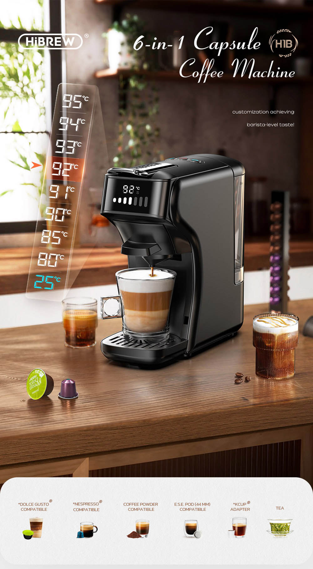 HiBREW H1B 6-in-1 Pods Coffee Maker, 600ml Water Tank, 19 Bar Pressure Extraction, Cold/Hot Mode, LED Indicator, for Kcup*/Nes*/DG*/Espresso Powder, Black - EU Plug