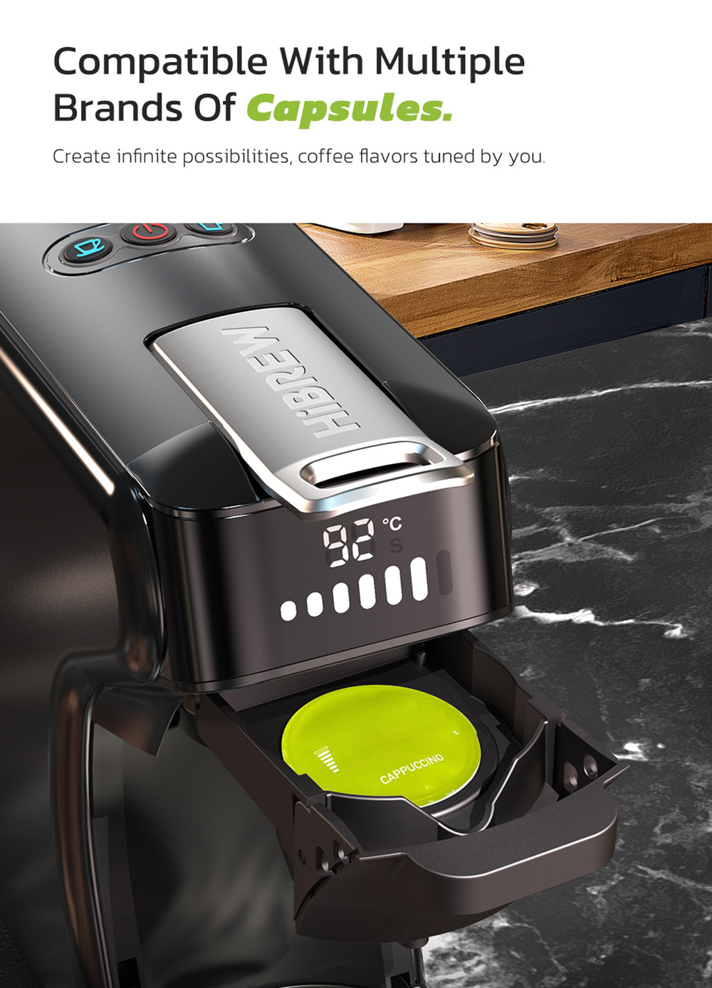 HiBREW H1B 6-in-1 Pods Coffee Maker, 600ml Water Tank, 19 Bar Pressure Extraction, Cold/Hot Mode, LED Indicator, for Kcup*/Nes*/DG*/Espresso Powder, Black - EU Plug