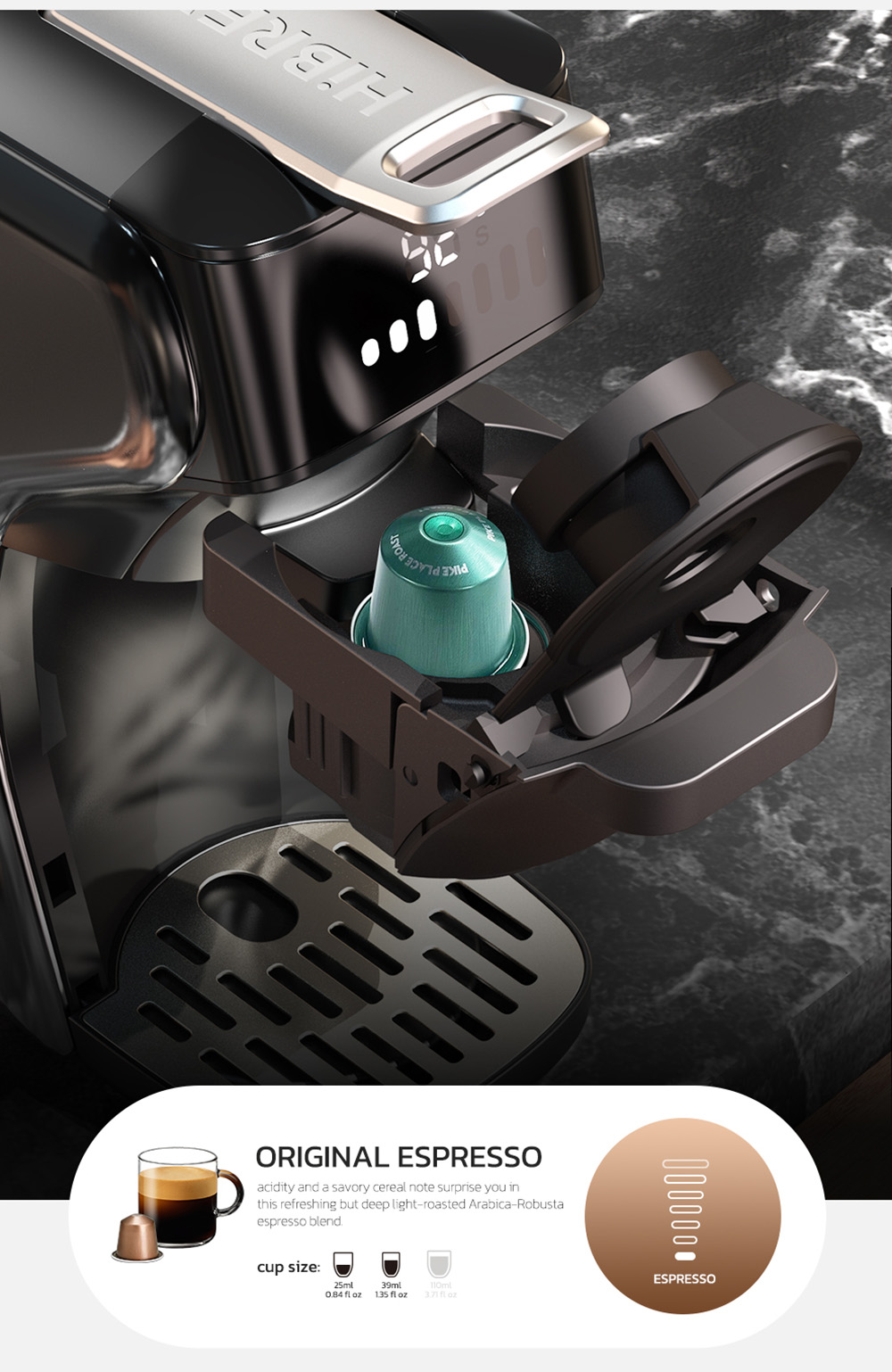 HiBREW H1B 6-in-1 Pods Coffee Maker, 600ml Water Tank, 19 Bar Pressure Extraction, Cold/Hot Mode, LED Indicator, for Kcup*/Nes*/DG*/Espresso Powder, Black - EU Plug