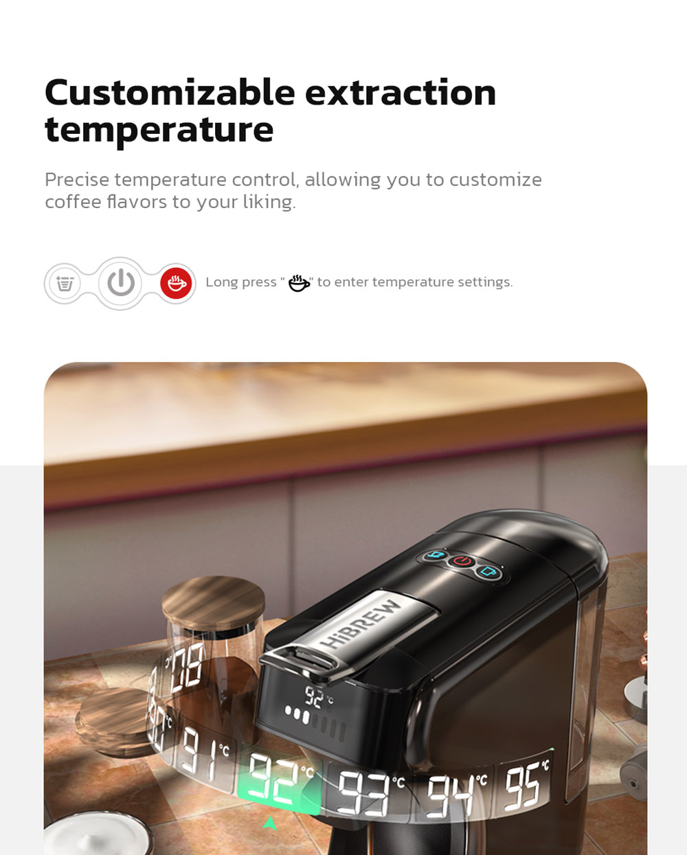 HiBREW H1B 6-in-1 Pods Coffee Maker, 600ml Water Tank, 19 Bar Pressure Extraction, Cold/Hot Mode, LED Indicator, for Kcup*/Nes*/DG*/Espresso Powder, Black - EU Plug