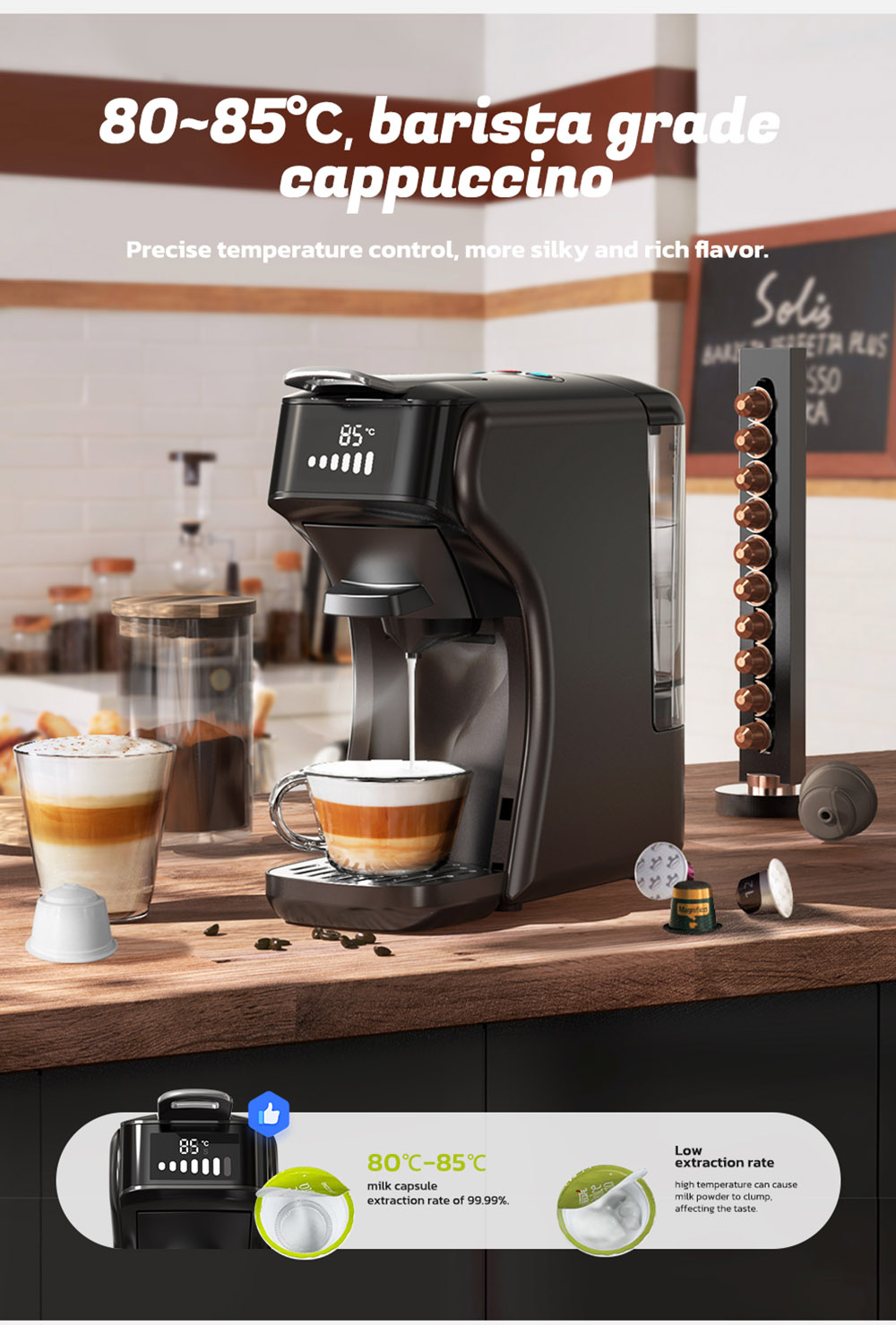 HiBREW H1B 6-in-1 Pods Coffee Maker, 600ml Water Tank, 19 Bar Pressure Extraction, Cold/Hot Mode, LED Indicator, for Kcup*/Nes*/DG*/Espresso Powder, Black - EU Plug