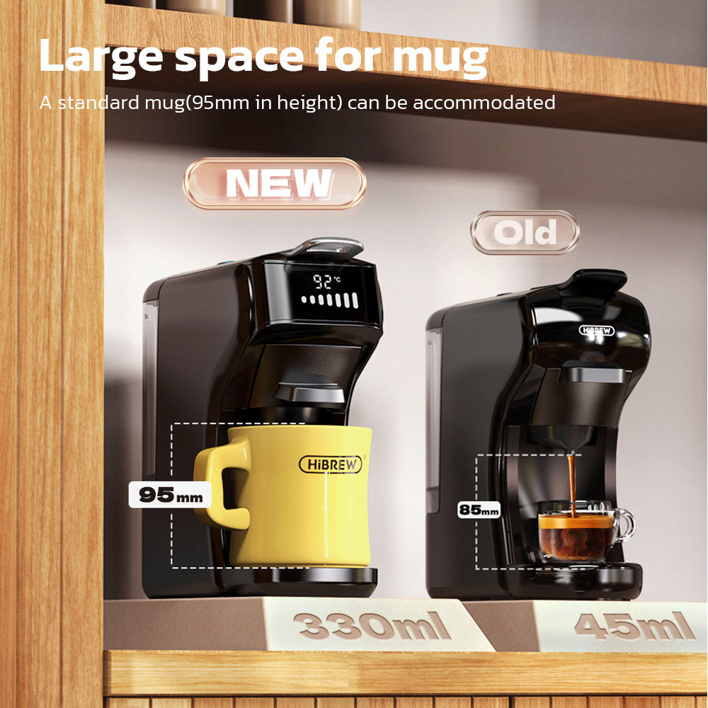 HiBREW H1B 6-in-1 Pods Coffee Maker, 600ml Water Tank, 19 Bar Pressure Extraction, Cold/Hot Mode, LED Indicator, for Kcup*/Nes*/DG*/Espresso Powder, Black - EU Plug