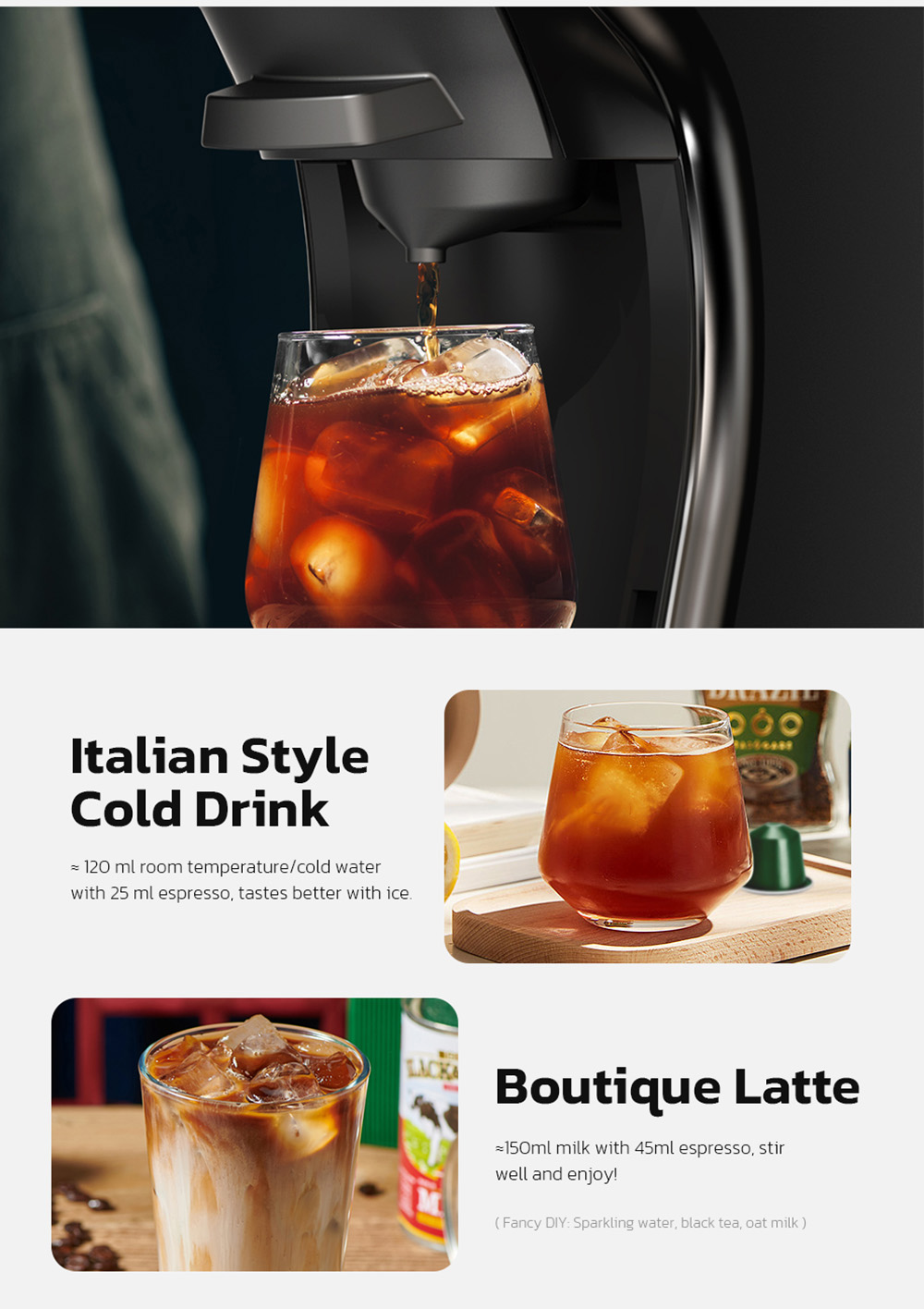 HiBREW H1B 6-in-1 Pods Coffee Maker, 600ml Water Tank, 19 Bar Pressure Extraction, Cold/Hot Mode, LED Indicator, for Kcup*/Nes*/DG*/Espresso Powder, Black - EU Plug