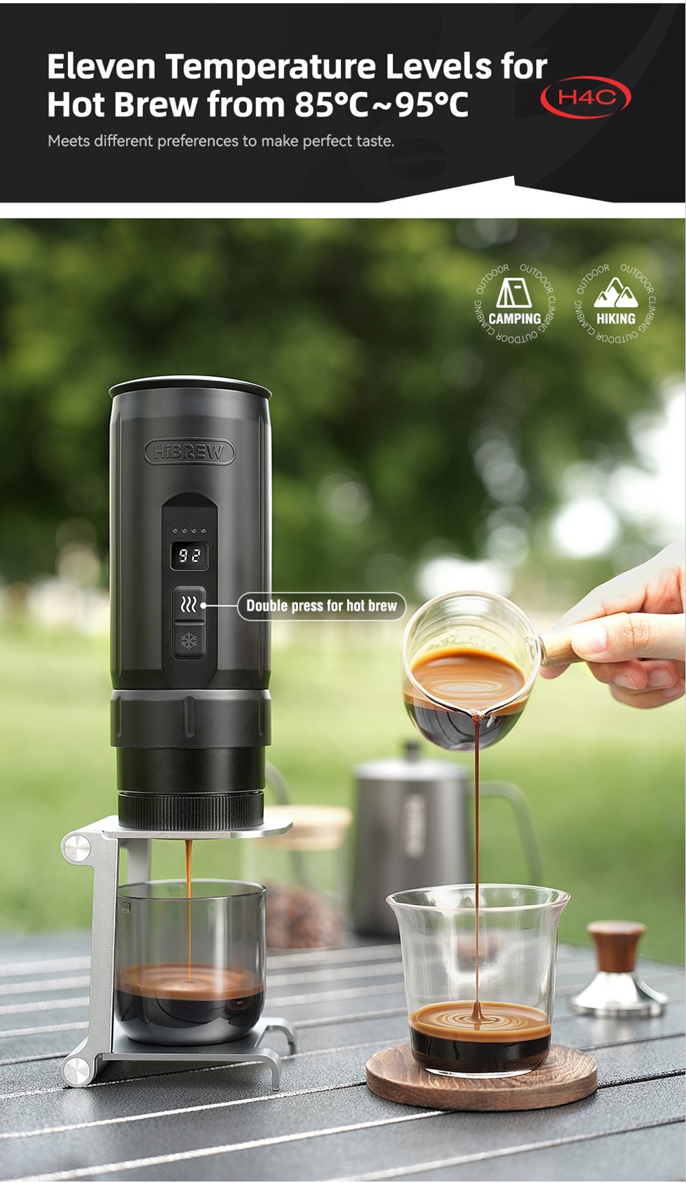 HiBREW H4C Ultra Portable Espresso Maker, Wireless Heating, 20-Bar, 100ml Water Tank, Detachable Battery - Black