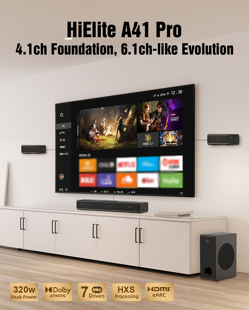 Hiwill A41 Pro 4.1 Soundbar Subwoofer Speaker Kit, Dolby Atmos, 7 Drivers, 320W Peak Power, 2 Side-Firing Tweeters