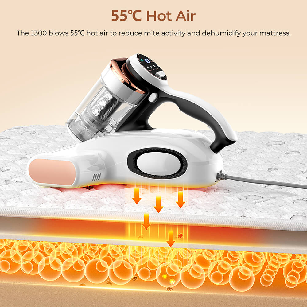 JIGOO J300 Dual-Cup Smart Mite Cleaner with 13KPa Suction, Dust Mite Sensor, Metal Brushroll, 55℃ Hot Air