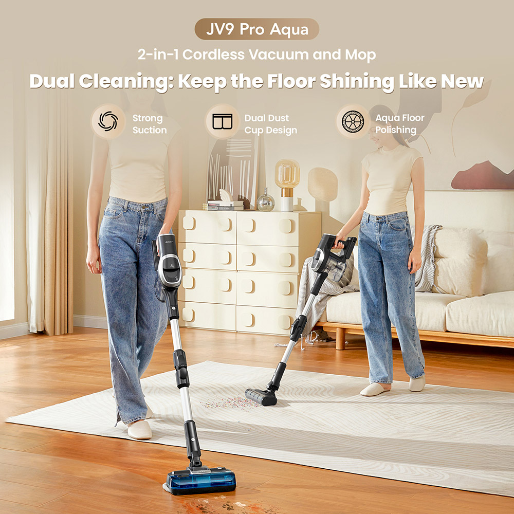 JIMMY JV9 Pro Aqua Cordless Vacuum Cleaner, 160AW Suction Power, Up to 65min Runtime, 500ml Water Tank, Gray - EU Plug