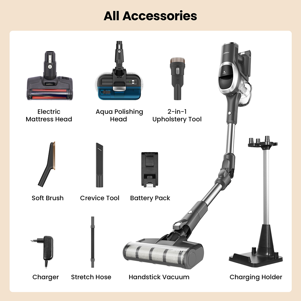 JIMMY JV9 Pro Aqua Cordless Vacuum Cleaner, 160AW Suction Power, Up to 65min Runtime, 500ml Water Tank, Gray - EU Plug
